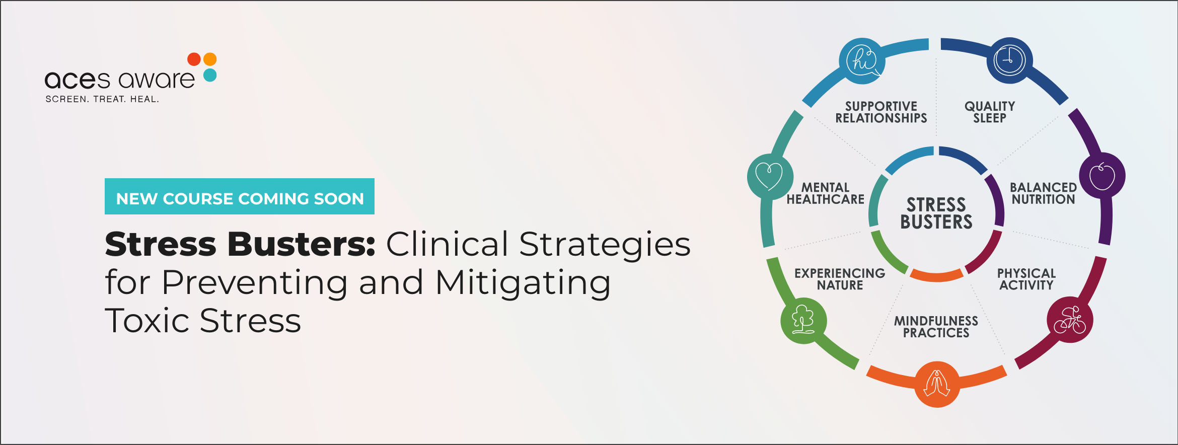 New Course Coming Soon — Stress Busters: Clinical Strategies for Preventing and Mitigating Toxic Stress. Stress Busters Wheel. ACEs Aware logo.