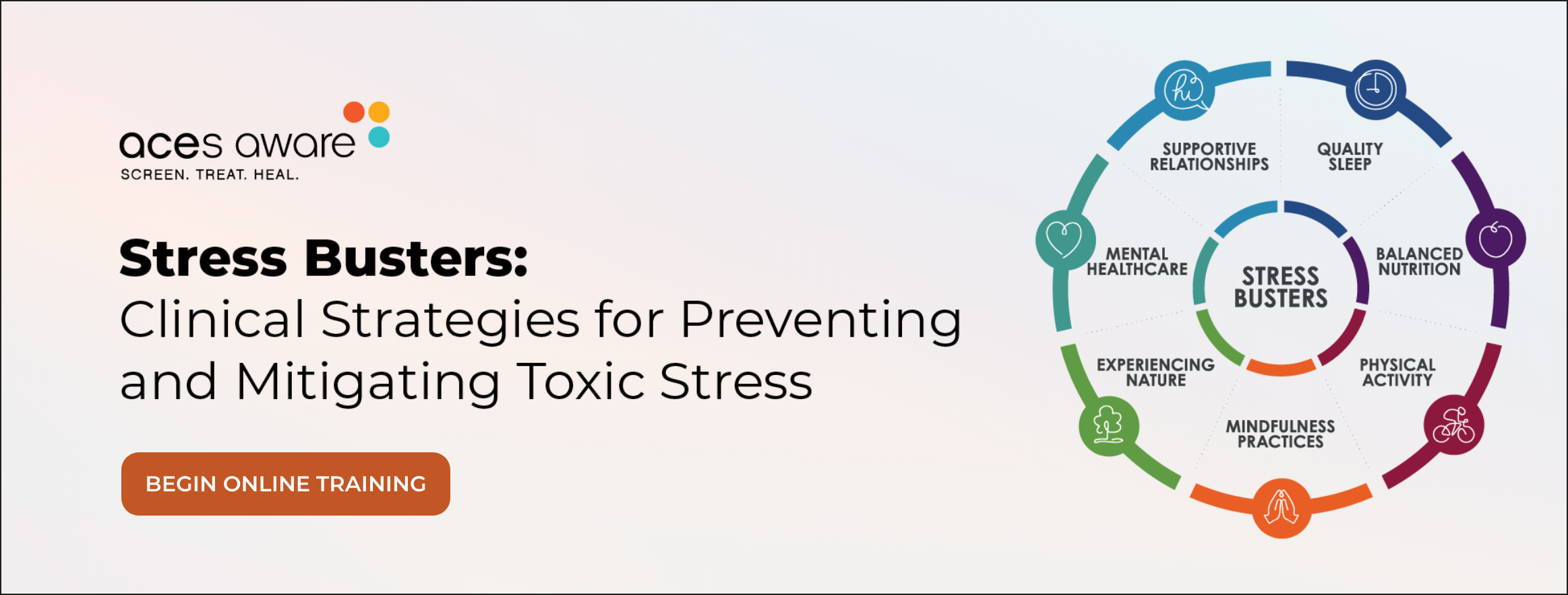 Stress Busters: Clinical Strategies for Preventing and Mitigating Toxic Stress. Click to begin online training. Stress Busters Wheel. ACEs Aware Logo.