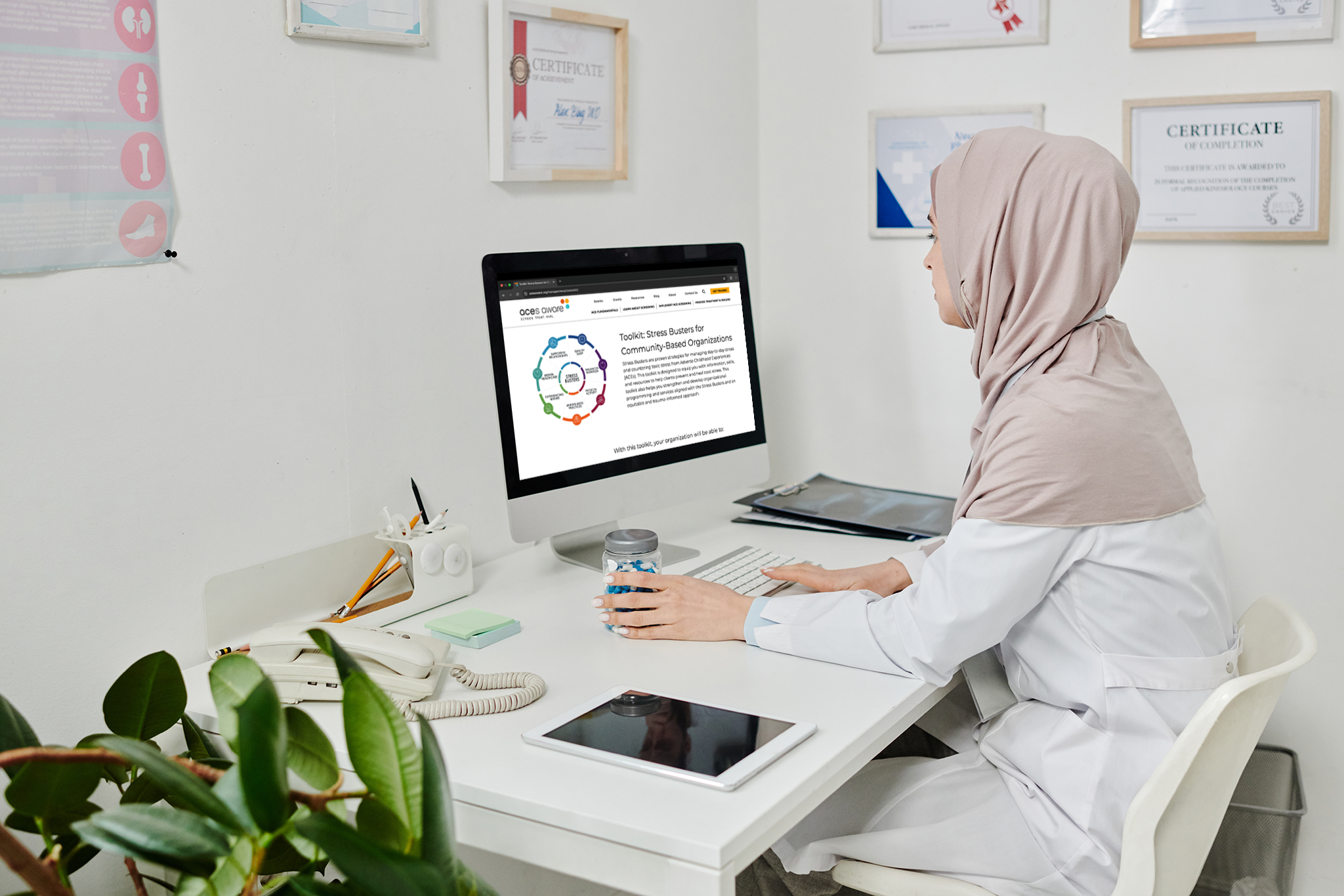 Woman at computer looking at Stress Busters CBO Toolkit